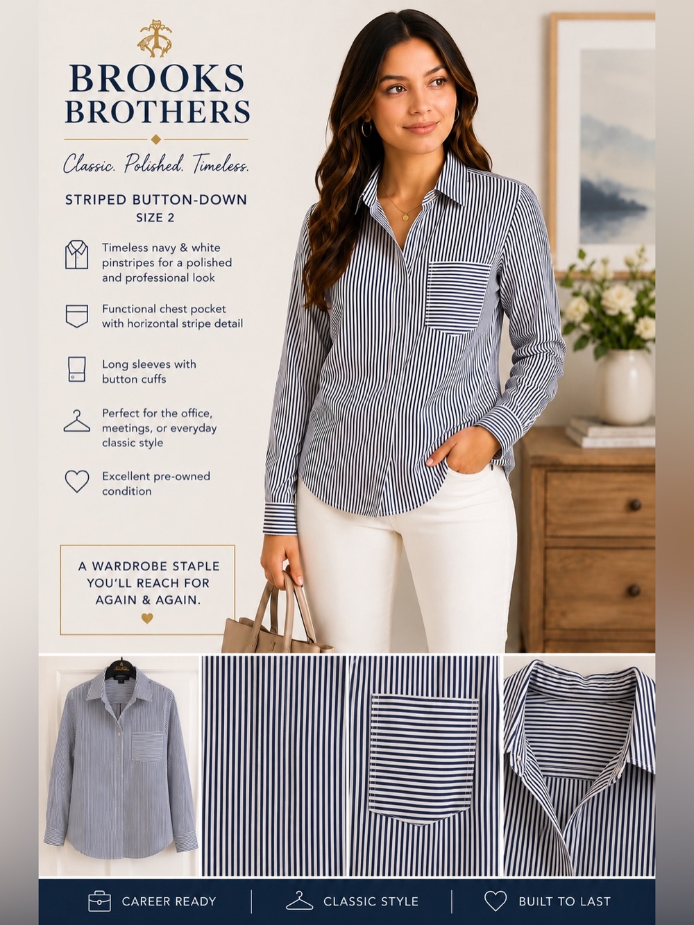 Brooks Brothers Navy & White Striped Button-Down Shirt| Size 2 | Classic Career